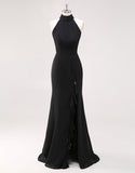 Zapaka Halter Neck Black Tie Dress Black Ruffled Mermaid Long Formal Wedding Guest Dress with Slit