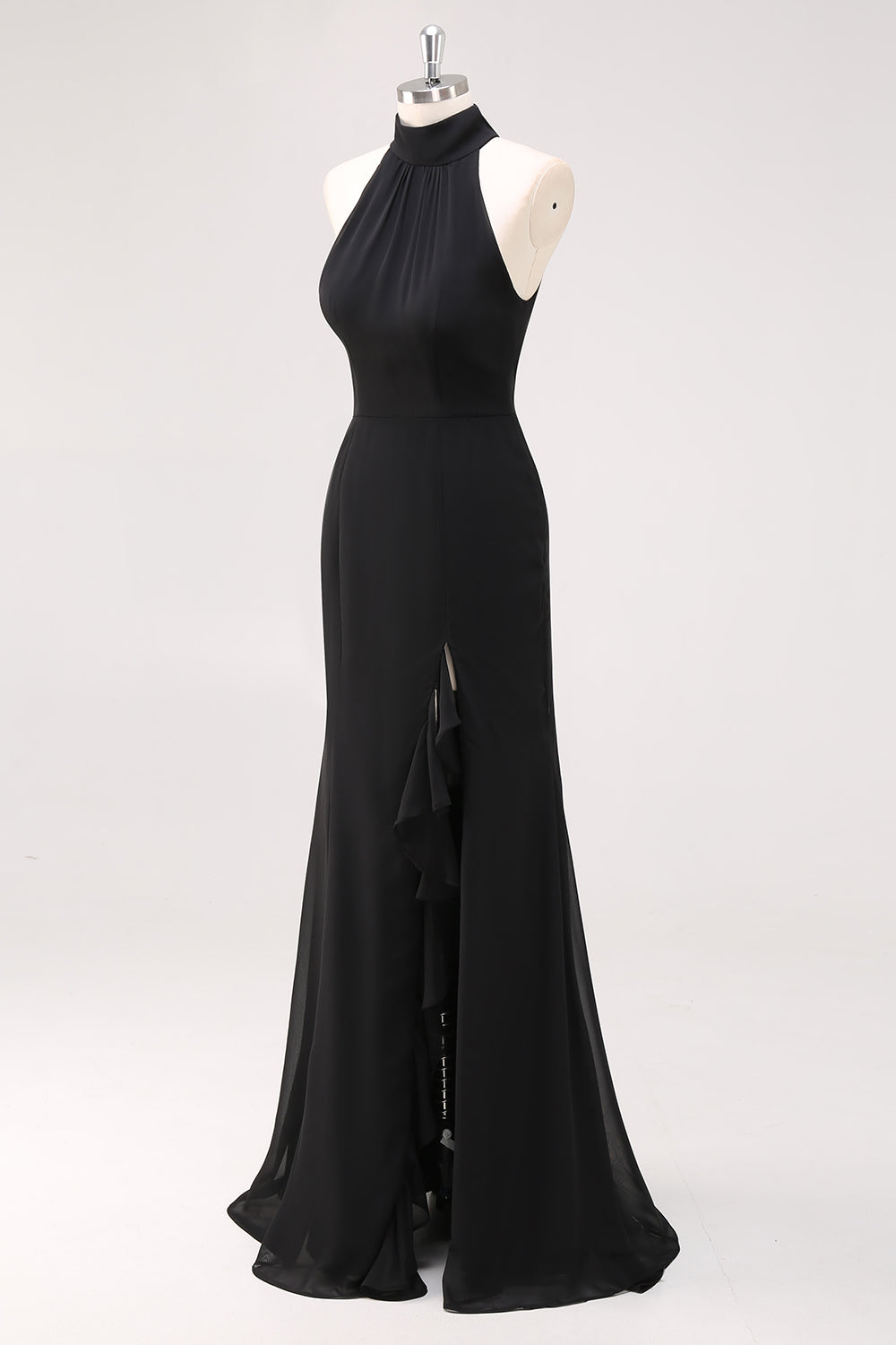 Black Mermaid Halter Neck Ruffled Long Formal Dress with Slit