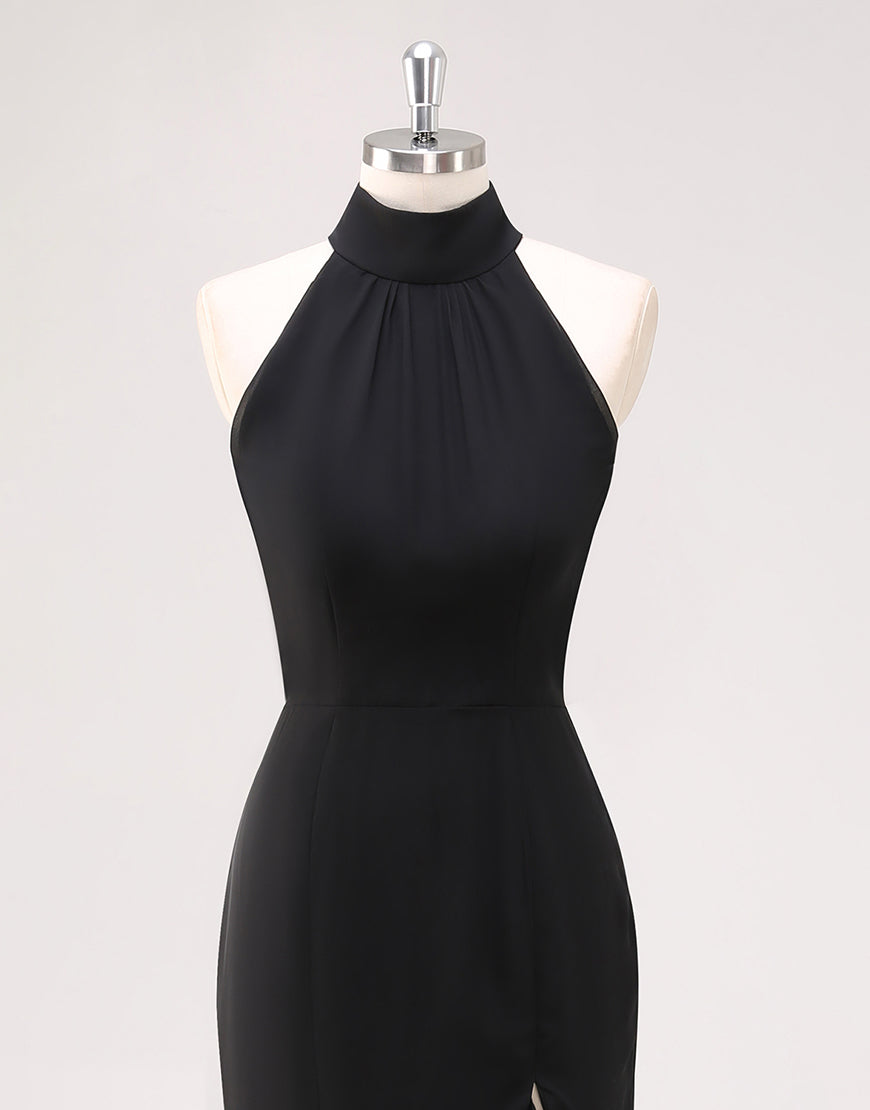 Black Mermaid Halter Neck Ruffled Long Formal Dress with Slit
