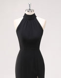 Black Mermaid Halter Neck Ruffled Long Formal Dress with Slit
