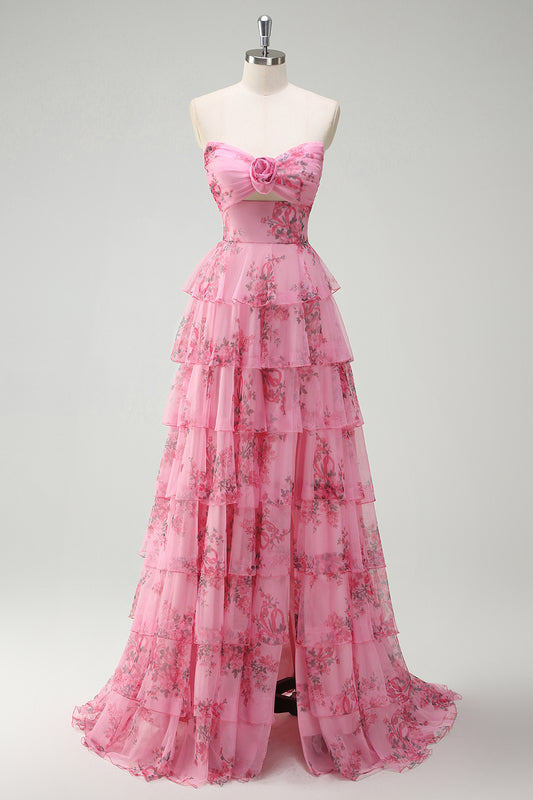 Blush Floral Chiffon A Line Prom Dress with Slit