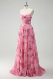 Blush Floral Chiffon A Line Prom Dress with Slit