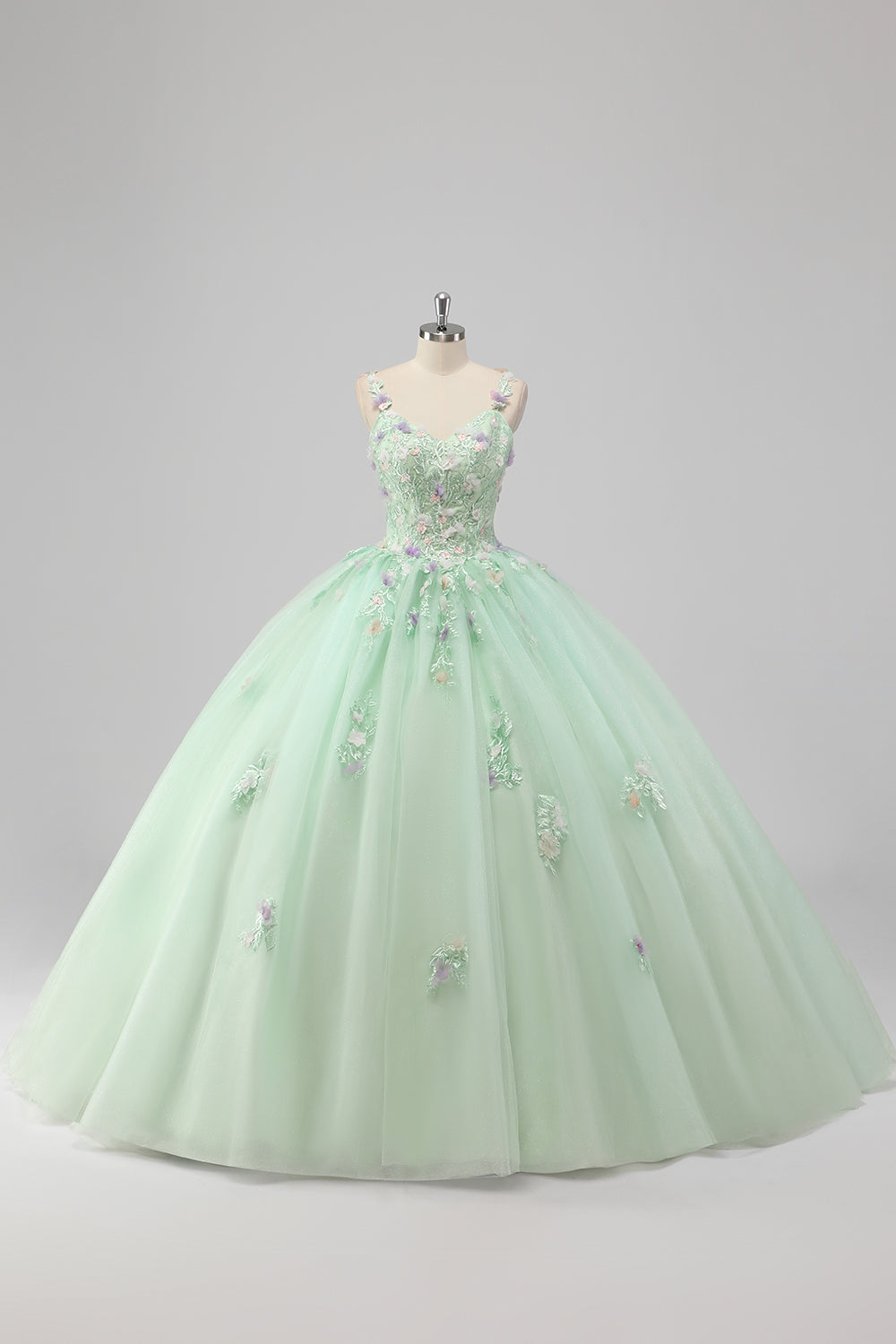 Green Appliqued Tulle Ball Gown Quinceanera Dress with 3D Flowers