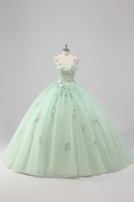 Green Appliqued Tulle Ball Gown Quinceanera Dress with 3D Flowers