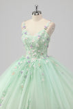 Green Appliqued Tulle Ball Gown Quinceanera Dress with 3D Flowers