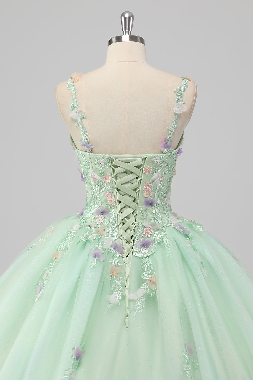 Green Appliqued Tulle Ball Gown Quinceanera Dress with 3D Flowers