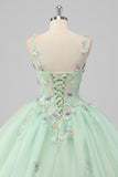 Green Appliqued Tulle Ball Gown Quinceanera Dress with 3D Flowers