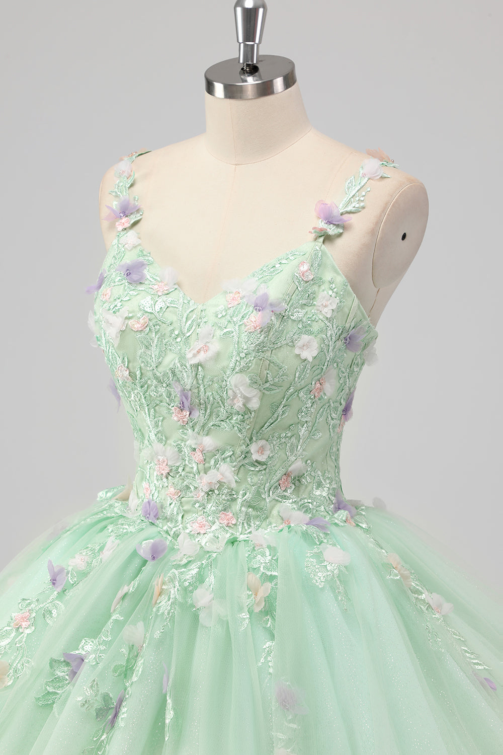 Green Appliqued Tulle Ball Gown Quinceanera Dress with 3D Flowers