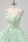 Green Appliqued Tulle Ball Gown Quinceanera Dress with 3D Flowers