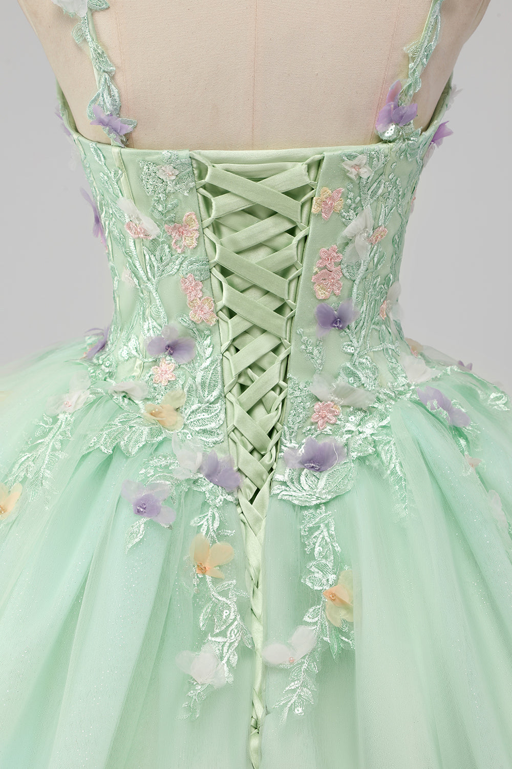 Green Appliqued Tulle Ball Gown Quinceanera Dress with 3D Flowers