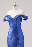 Royal Blue Off The Shoulder Sheath Formal Dress with Detachable Sleeves