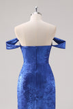 Royal Blue Off The Shoulder Sheath Formal Dress with Detachable Sleeves