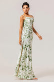Floral Green Spaghetti Straps Mermaid Long Bridesmaid Dress with Slit