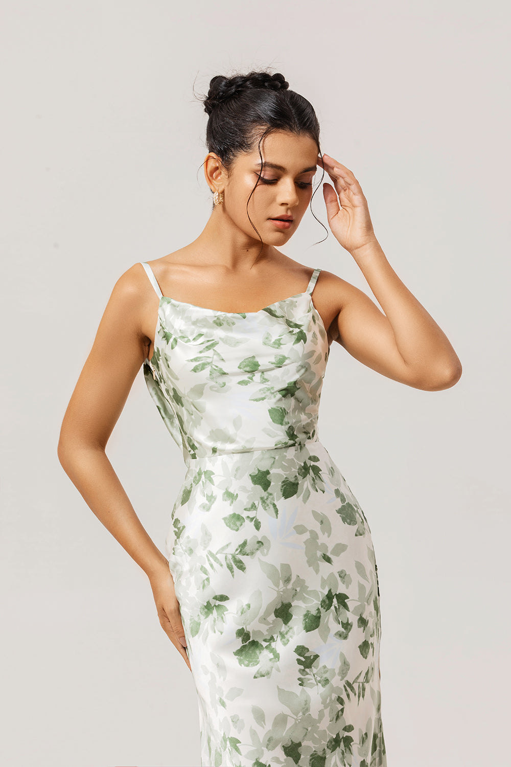 Floral Green Spaghetti Straps Mermaid Long Bridesmaid Dress with Slit