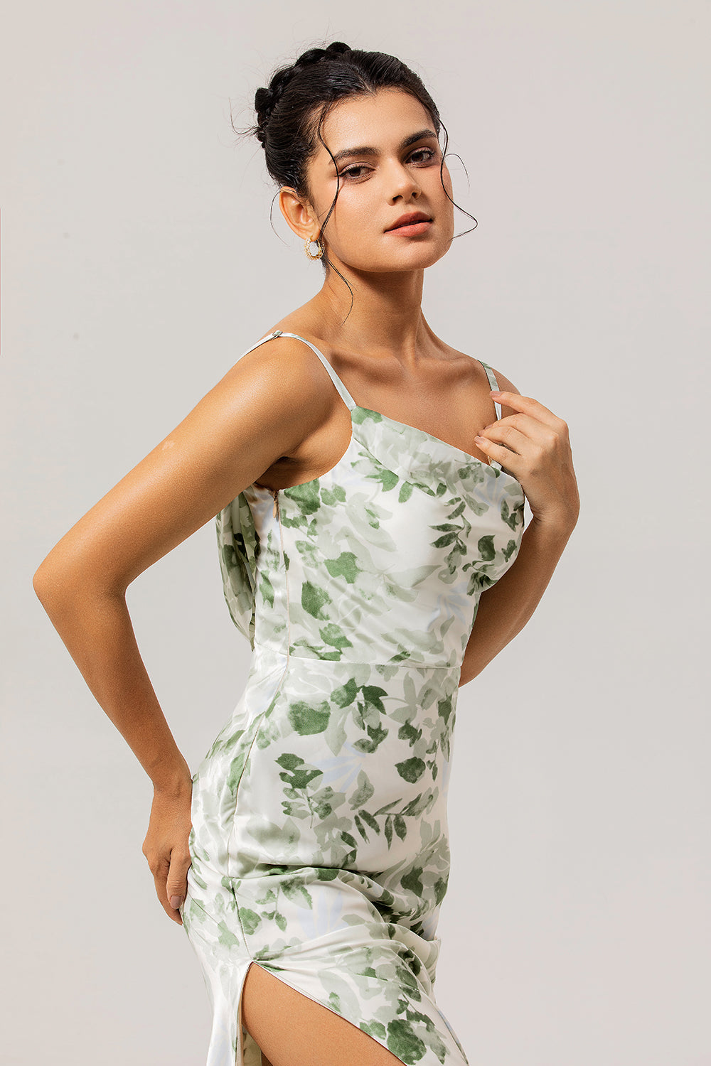 Floral Green Spaghetti Straps Mermaid Long Bridesmaid Dress with Slit
