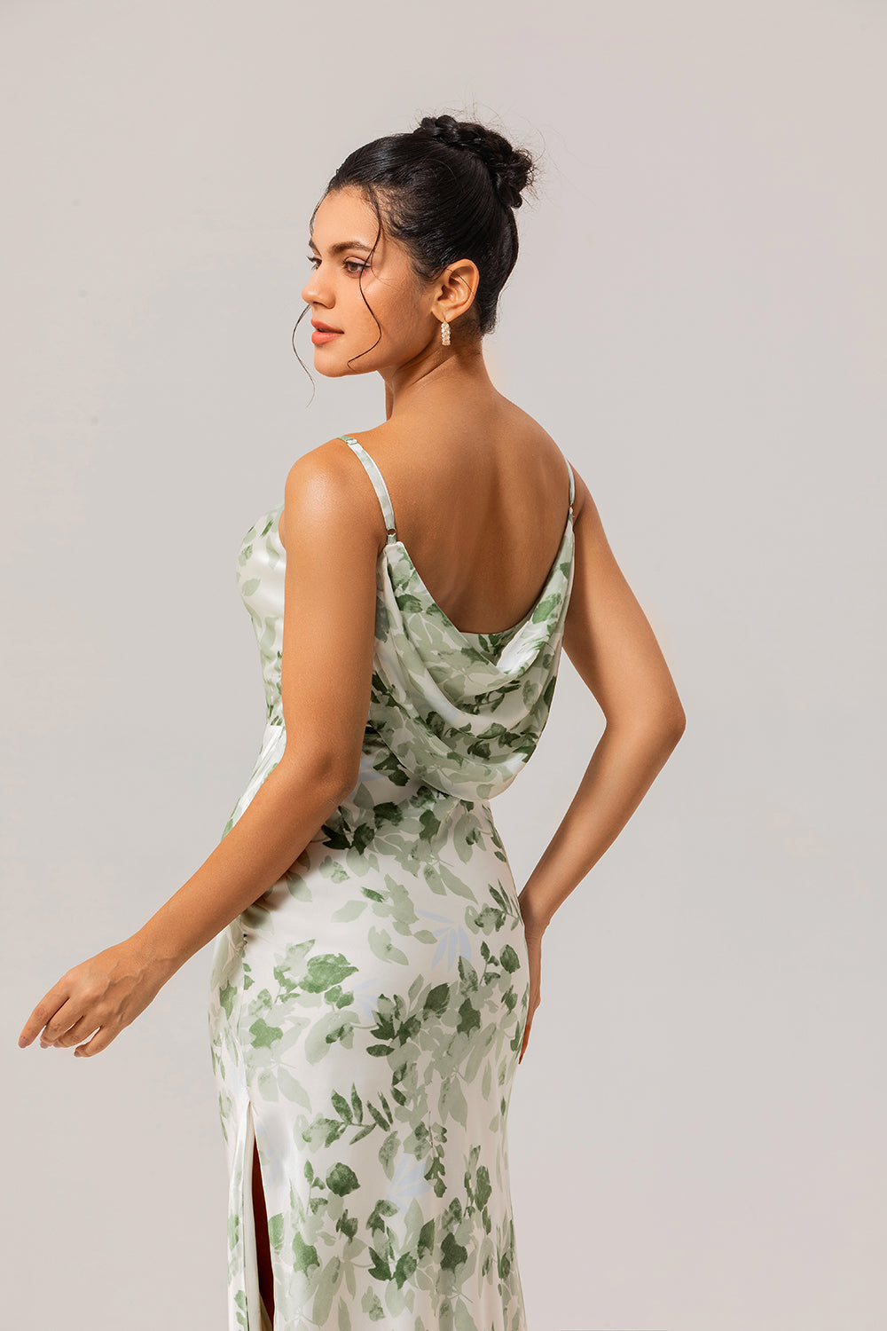 green patterned bridesmaid dresses Leely Women Green Bridesmaid Dress A-Line Spaghetti Straps Printed Pleated Long Party Dress With Slit