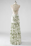Green Floral Mermaid Halter Long Bridesmaid Dress with Slit