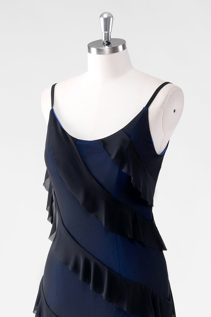 Dark Blue Sheath Spaghetti Straps Long Ruffle Bridesmaid Dress with Slit main image 1