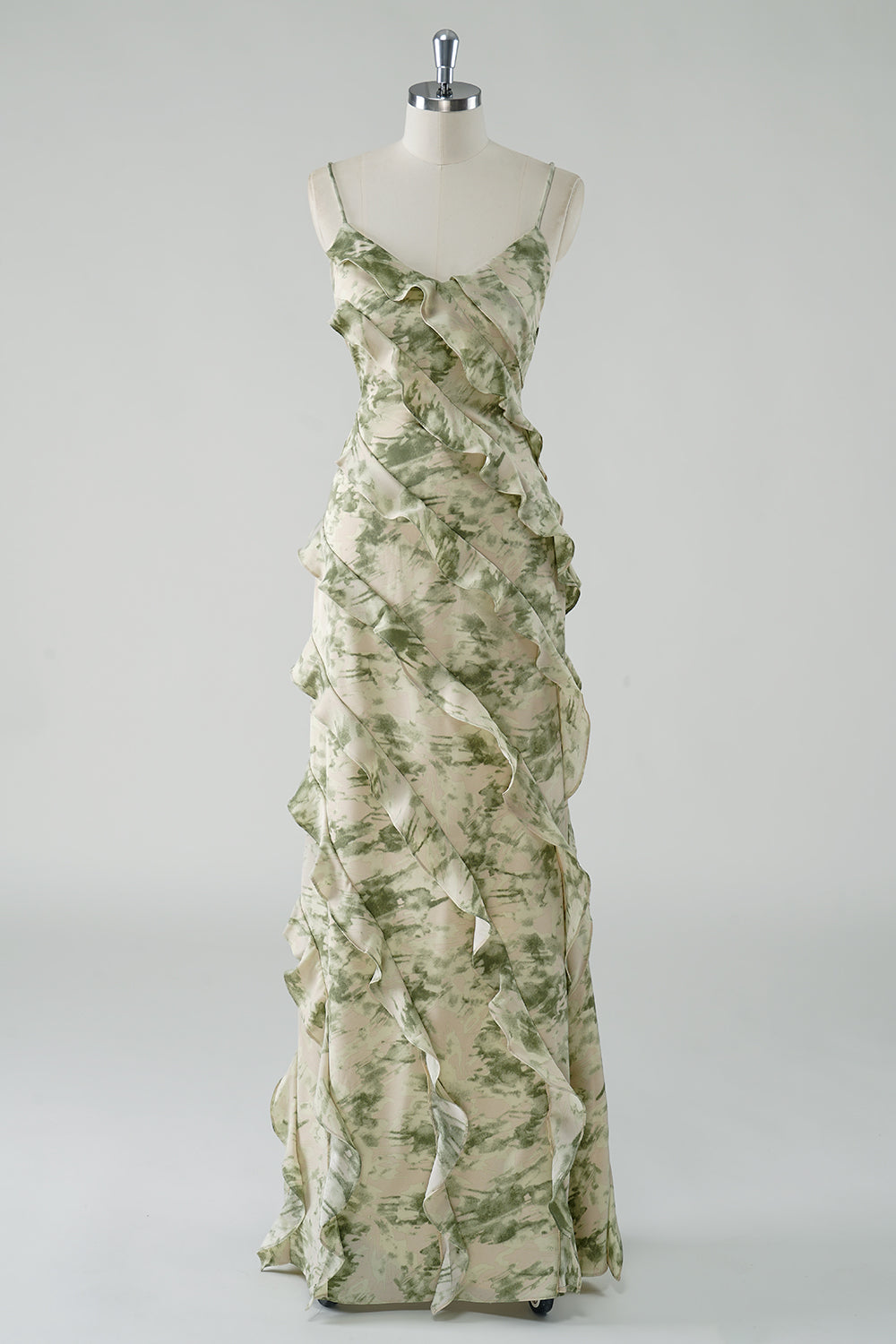  Sage Flower Bridesmaid Dress A Line Lace-up Back Backless Spaghetti Straps Ruffles Bridal Party Dress