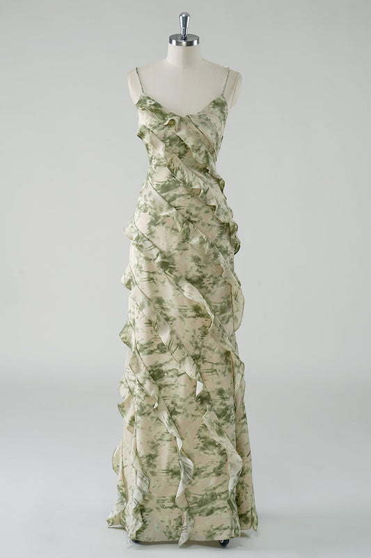  Sage Flower Bridesmaid Dress A Line Lace-up Back Backless Spaghetti Straps Ruffles Bridal Party Dress