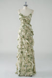  Sage Flower Bridesmaid Dress A Line Lace-up Back Backless Spaghetti Straps Ruffles Bridal Party Dress
