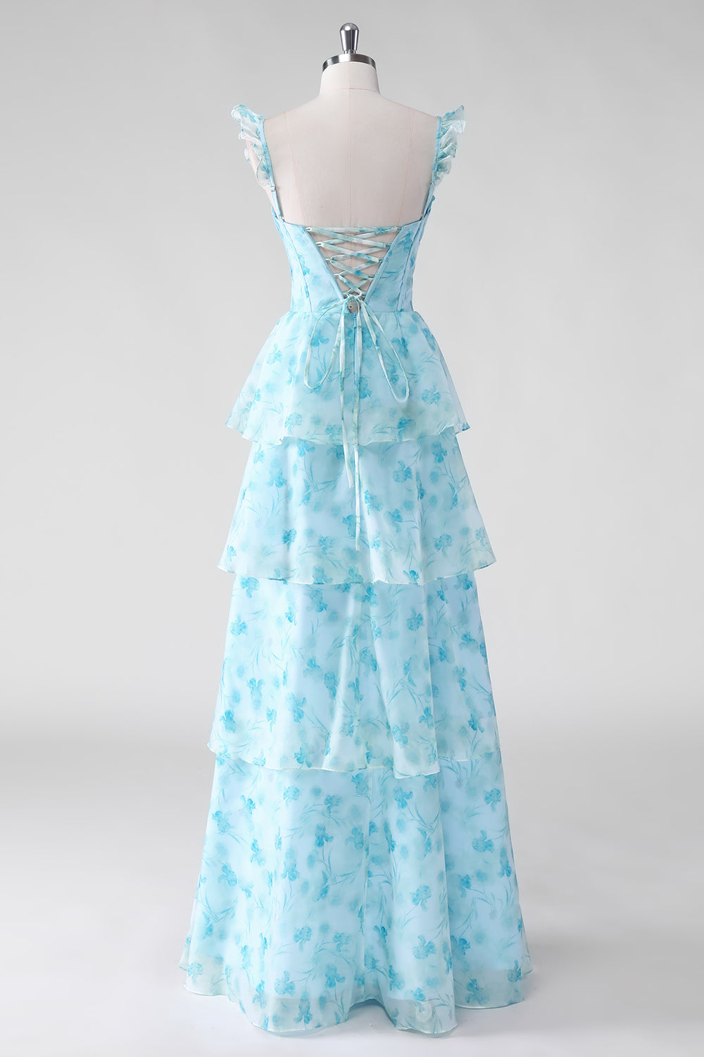 ZAPAKASA Women Blue Floral Corset A Line Ruffled Long Bridesmaid Dress with Slit Lace-Up Back Wedding Guest Dress ZAPAKASA Women Blue Floral Corset A Line Ruffled Long Bridesmaid Dress with Slit Lace-Up Back Wedding Guest Dress