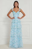 Blue Floral Corset A Line Ruffled Long Bridesmaid Dress with Slit