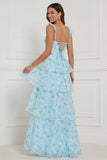 Blue Floral Corset A Line Ruffled Long Bridesmaid Dress with Slit