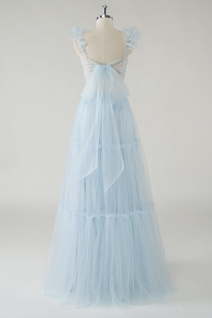 Sky Blue A Line V Neck Open Back Satin Long Bridesmaid Dress