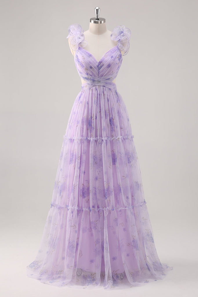 Lavender Flower Printed Ruffled A Line Bridesmaid Dress with Slit