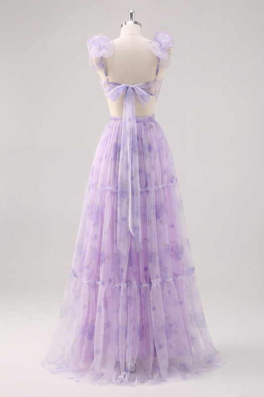 Lavender Flower A Line Cut Out Pleated Long Bridesmaid Dress