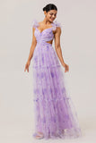 Lavender Flower Cut Out Pleated A Line Long Bridesmaid Dress