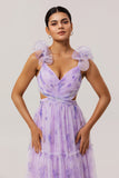 Lavender Flower Cut Out Pleated A Line Long Bridesmaid Dress
