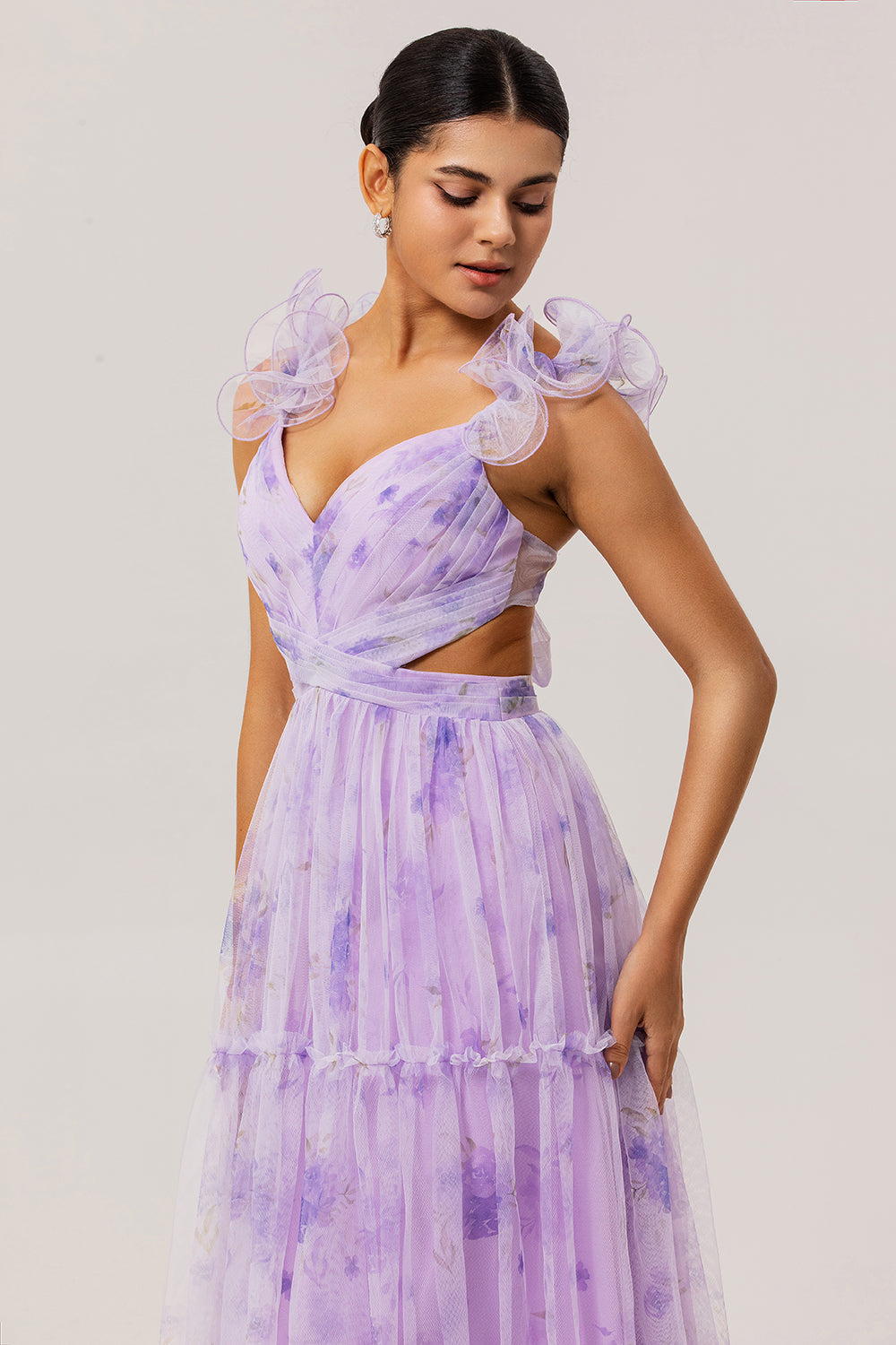 Lavender Flower Cut Out Pleated A Line Long Bridesmaid Dress