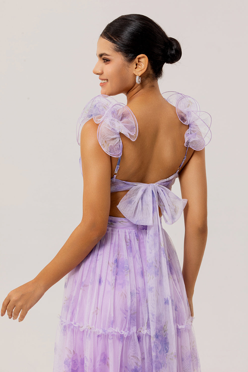 Lavender Flower Cut Out Pleated A Line Long Bridesmaid Dress