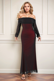Black Red Off the Shoulder Sheath Formal Dress with Long Sleeves