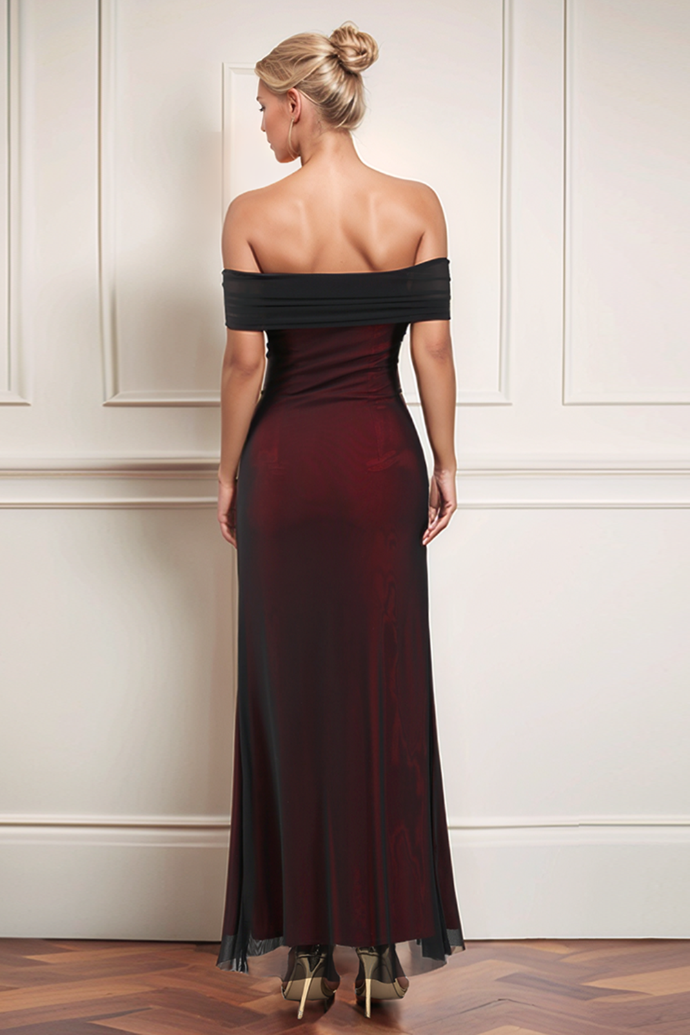 Black Red Off the Shoulder Sheath Formal Dress with Long Sleeves