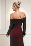 Black Red Off the Shoulder Sheath Formal Dress with Long Sleeves
