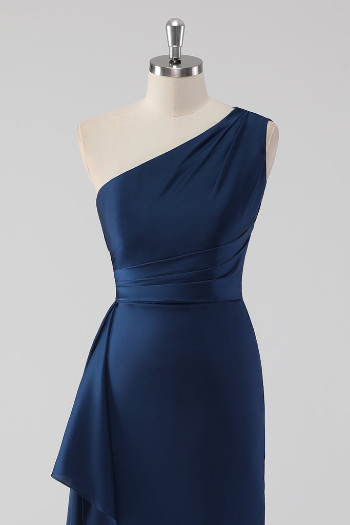 One Shoulder Navy Mermaid Ruched Evening Dresses main image 1