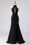 Black Mermaid Halter Neck Satin Long Formal Dress