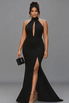 Zapaka Women Black Plus Size Formal Dress with Keyhole Mermaid Satin Halter Open Back Long Evening Dress with Slit, Black / US16