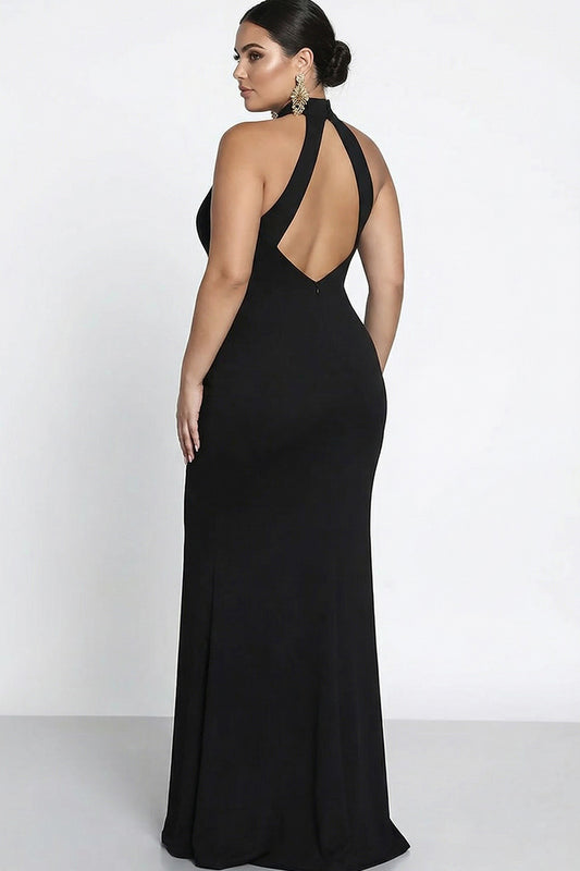 Plus Size Black Satin Mermaid Halter Neck Long Formal Dress