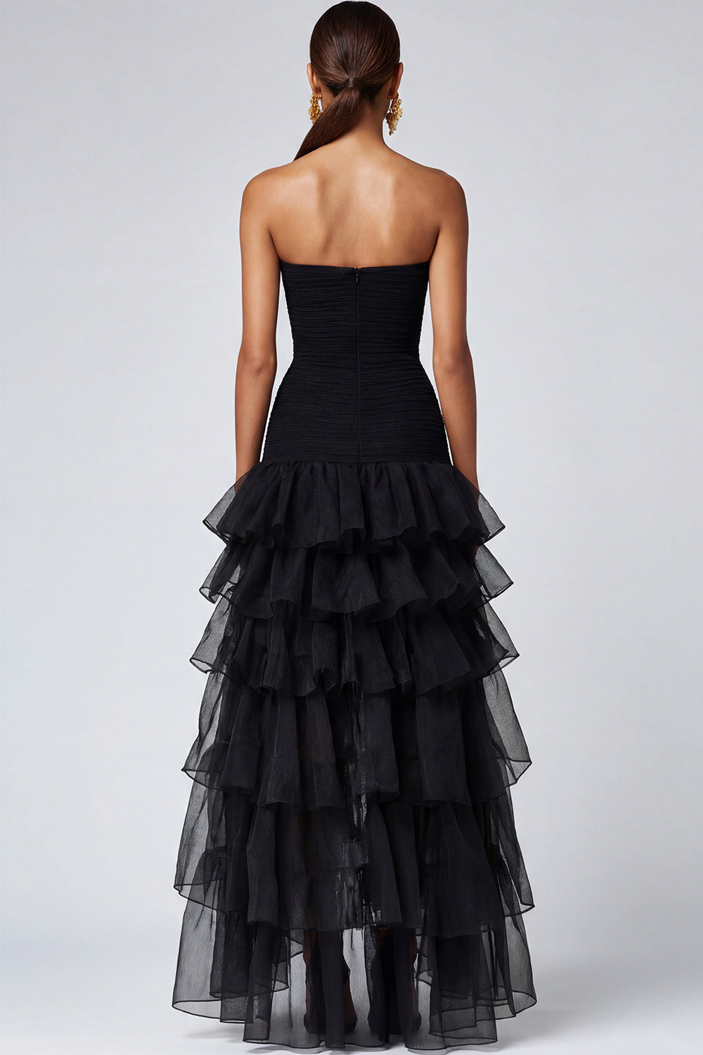 Zapakasa Women Black Square Neck Tiered Ruffles Formal Dress with Slit Strapless Backless Formal Wear Dress Zapakasa Women Black Square Neck Tiered Ruffles Formal Dress with Slit Strapless Backless Formal Wear Dress