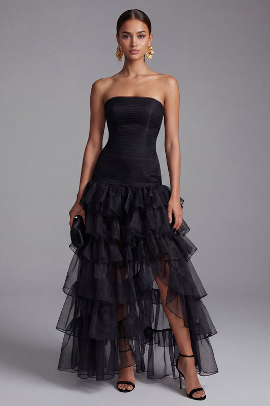A Line Black Strapless Tiered Formal Dress with Slit