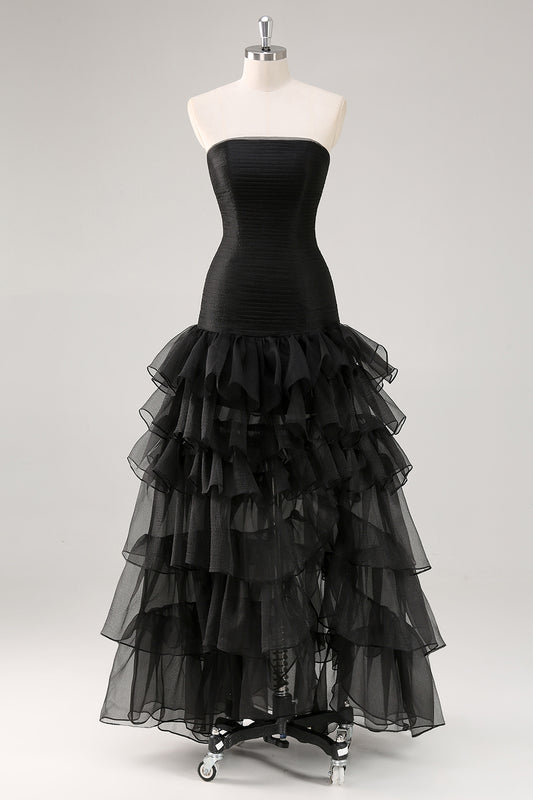 A Line Black Strapless Tiered Formal Dress with Slit