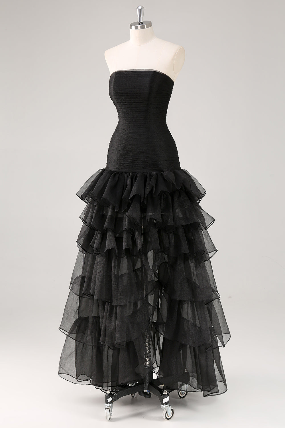 Zapakasa Women Black Square Neck Tiered Ruffles Formal Dress with Slit Strapless Backless Formal Wear Dress Zapakasa Women Black Square Neck Tiered Ruffles Formal Dress with Slit Strapless Backless Formal Wear Dress