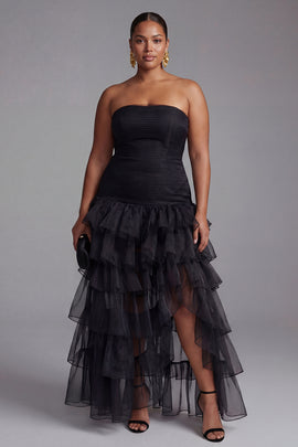 Plus Size A Line Black Strapless Tiered Formal Dress with Slit