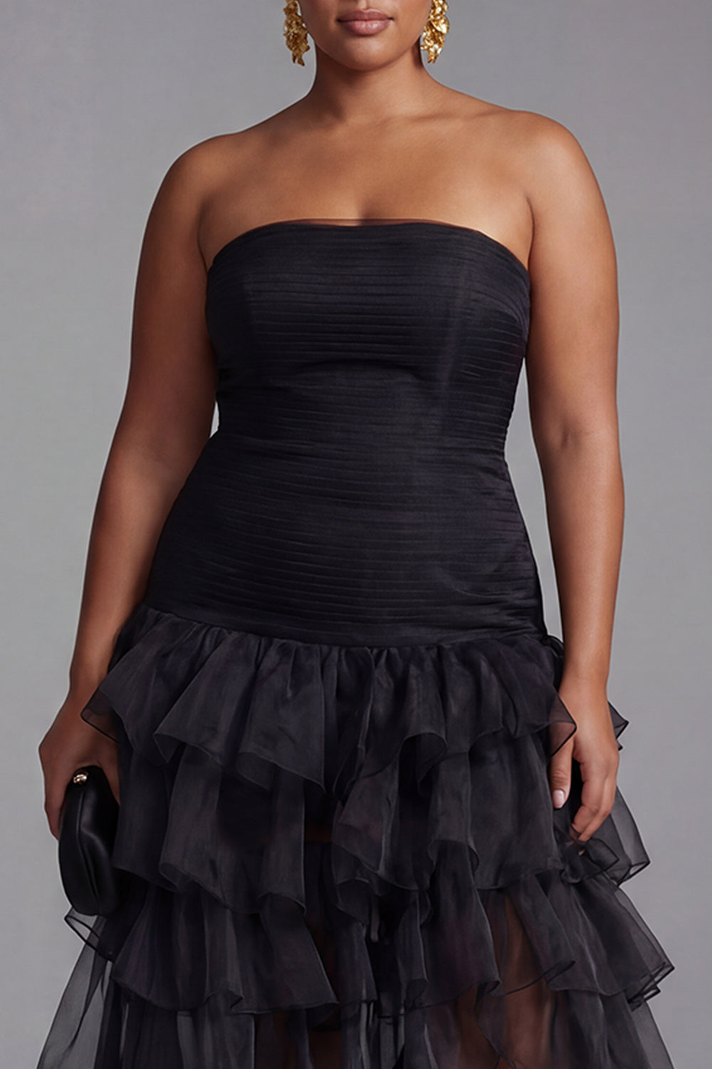 Plus Size A Line Black Strapless Tiered Formal Dress with Slit