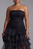 Plus Size A Line Black Strapless Tiered Formal Dress with Slit