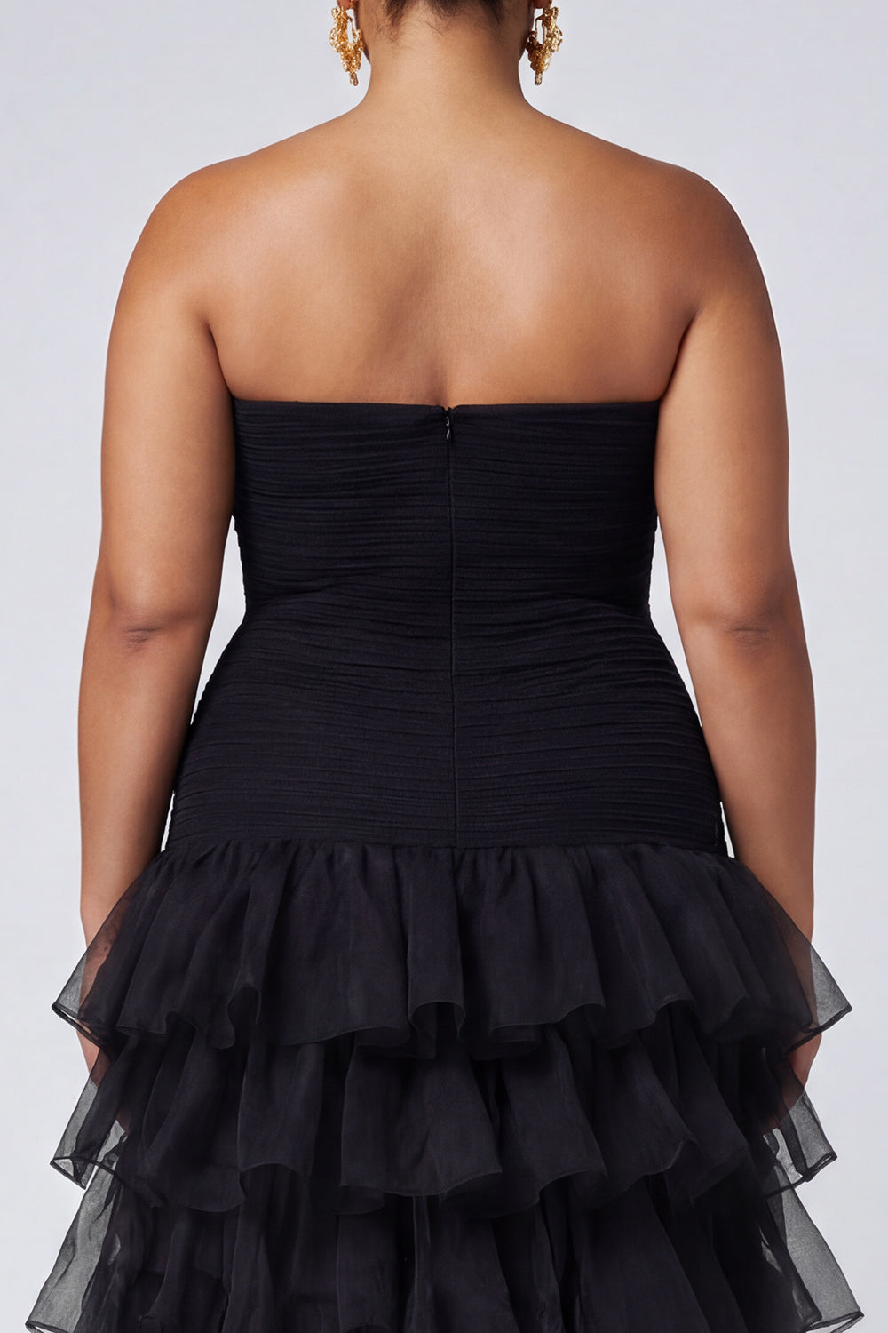 Plus Size A Line Black Strapless Tiered Formal Dress with Slit